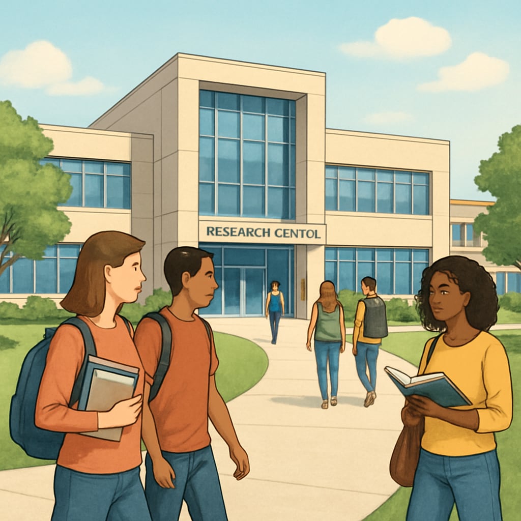A modern U.S. university campus with students walking in front of a research center, representing study abroad opportunities. U.S. university campus related to international students applying for data science programs.