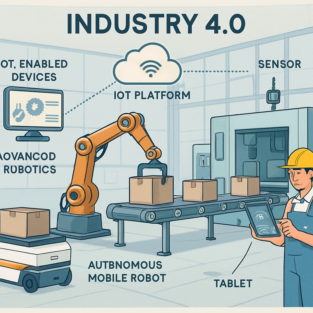 A manufacturing facility showcasing Industry 4.0 technologies, including robotics and IoT-enabled devices. A modern manufacturing facility highlighting Industry 4.0 advancements.