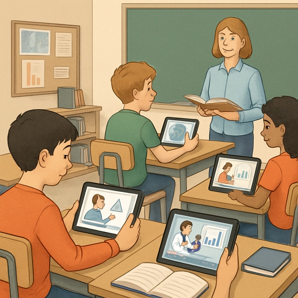 A classroom where students are engaging with short educational videos on tablets, depicting modern K12 learning methods. Students using short educational videos in a K12 classroom setting.