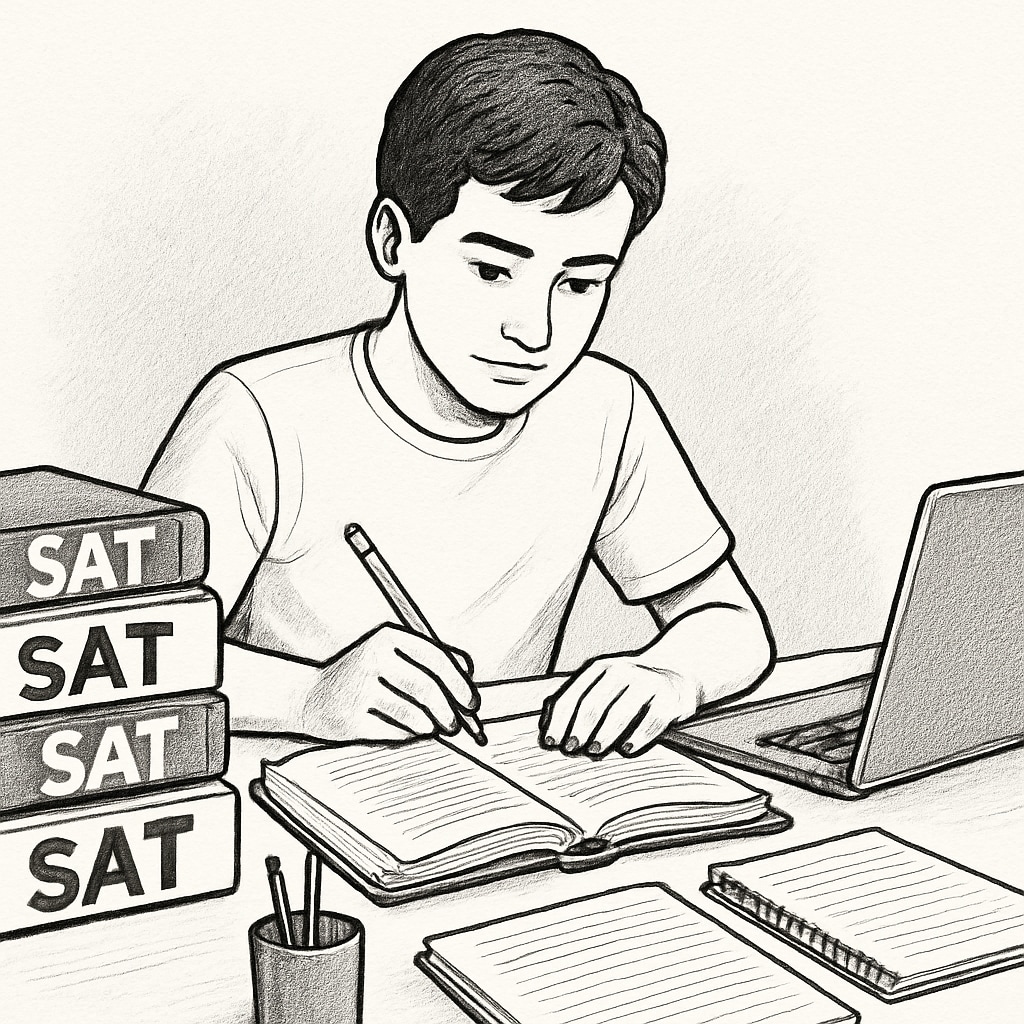 A student studying for the SAT with textbooks and a laptop on a desk. A student preparing for the SAT exam, relevant to international student applications.
