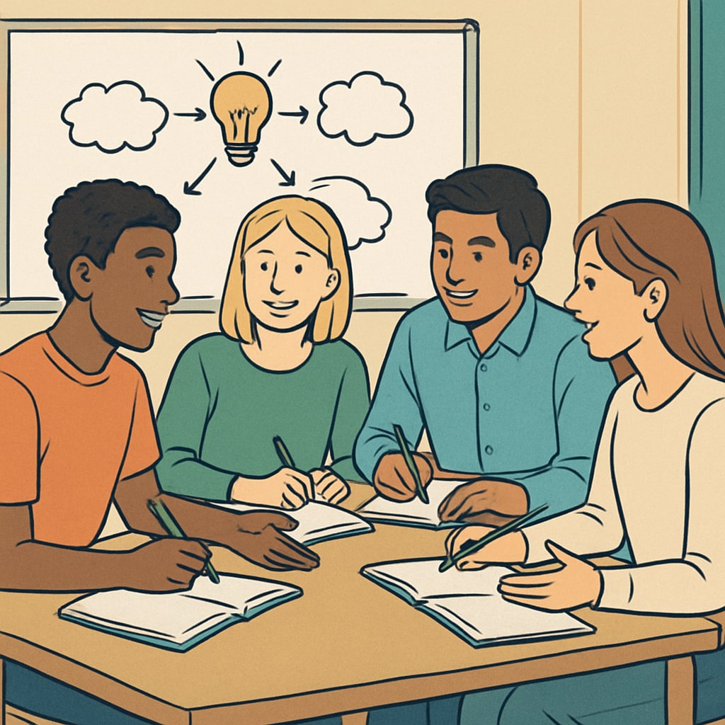 A group of students engaged in a collaborative brainstorming session, demonstrating teamwork and resilience. Students working together on a group project to build resilience.