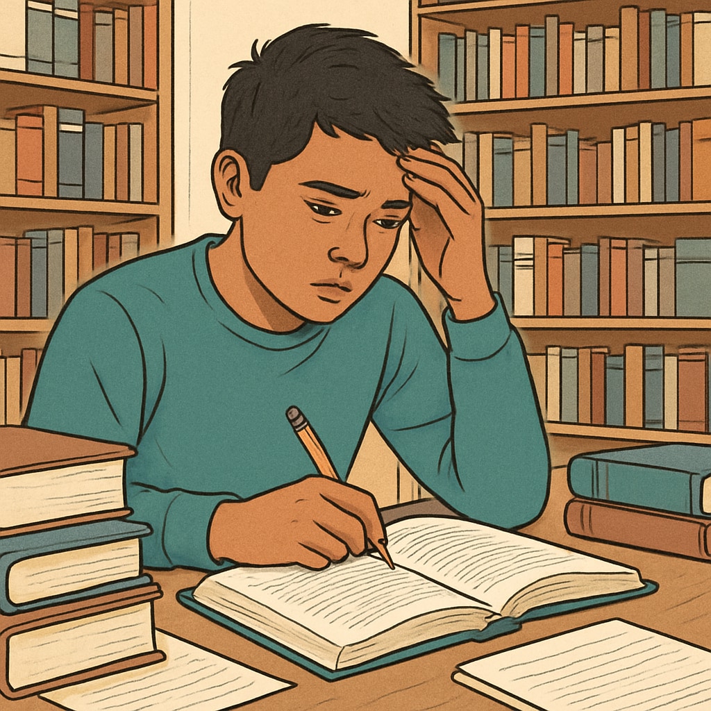 A young immigrant student studying in a library, symbolizing the challenges faced in accessing higher education due to tuition fee disparities. Young immigrant student in a library facing tuition fee challenges.