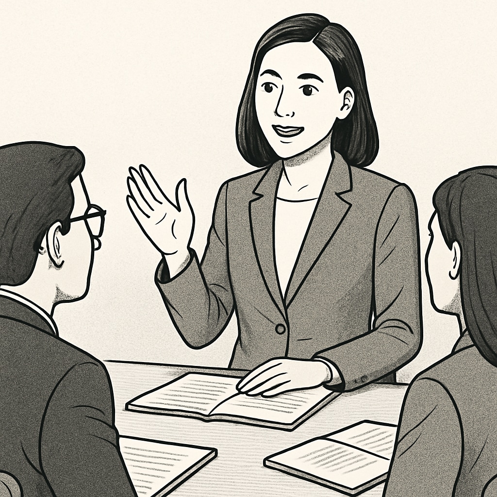 A professional woman engaged in a business discussion, representing leadership and communication. Female entrepreneur discussing leadership and communication strategies in a business setting.