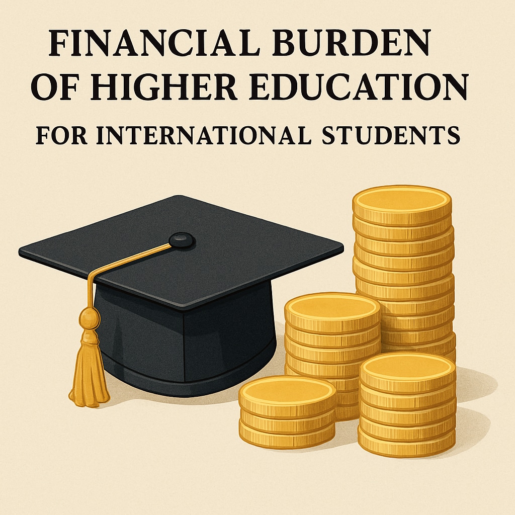 A graduation cap placed next to a stack of coins, representing the financial burden of higher education for international students. Graduation cap and coins symbolizing financial challenges for international students.