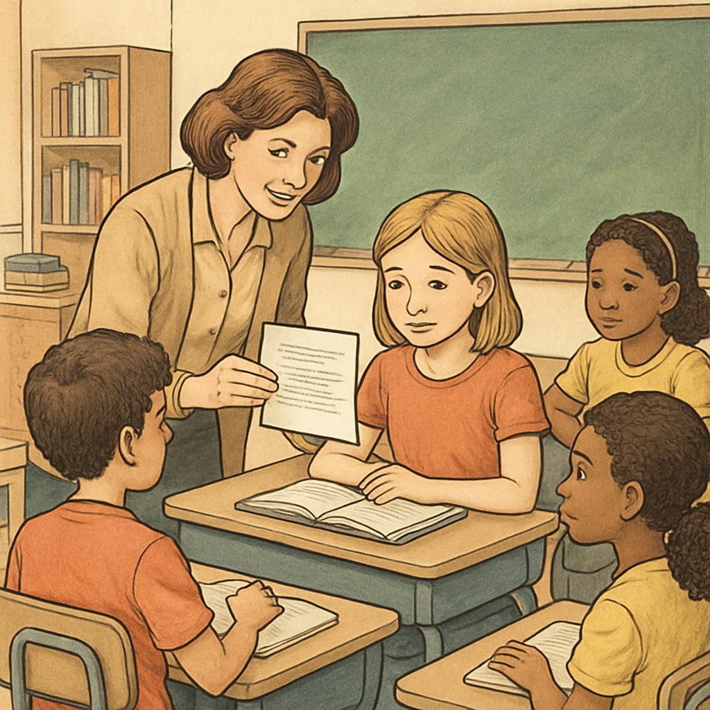 A teacher reviewing a short text with students in a classroom setting to assess reading comprehension. The image illustrates the importance of teacher involvement in evaluating reading materials. A teacher assessing reading comprehension with students using short texts.