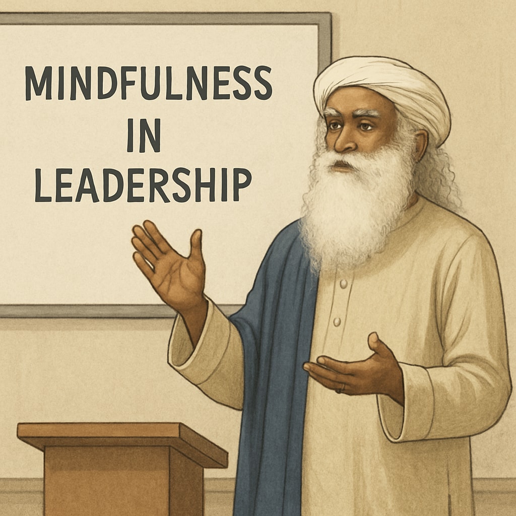 A serene image of Sadhguru delivering a talk, symbolizing mindfulness in leadership. Sadhguru speaking about leadership principles to an audience.