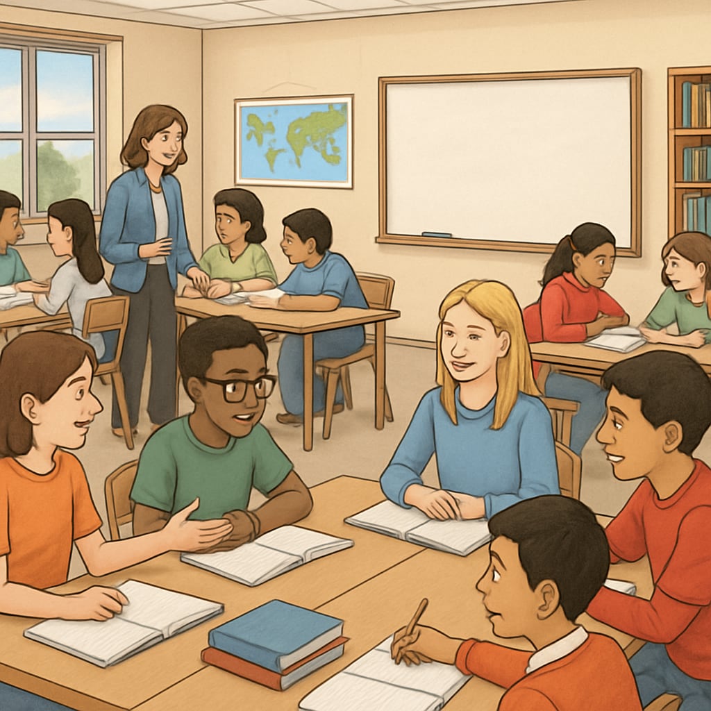 A classroom scene in the U.S. showcasing group-based learning and student collaboration. U.S. classroom group-based learning and collaboration.