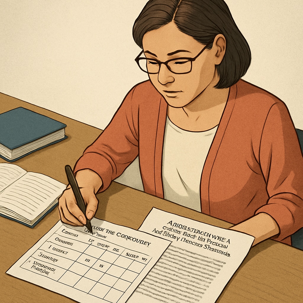 A close-up of a teacher marking a rubric to evaluate the appropriateness of a short text for middle school students. This image highlights the process of assessing text complexity. A teacher using a rubric to evaluate text complexity for middle school students.