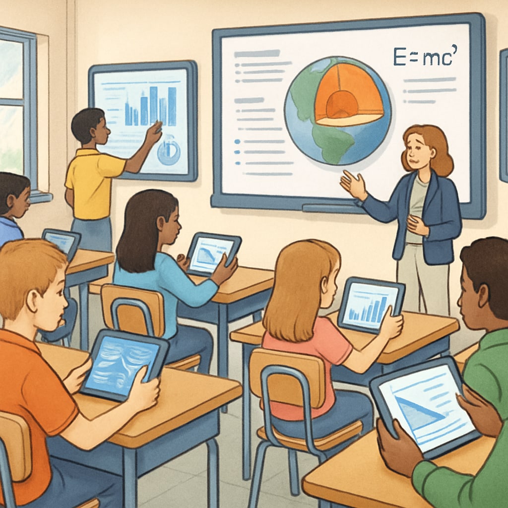 A high-tech classroom showing students using tablets and interactive screens, emphasizing the role of edtech in K12 education. High-tech classroom with students using tablets and interactive screens in K12 education