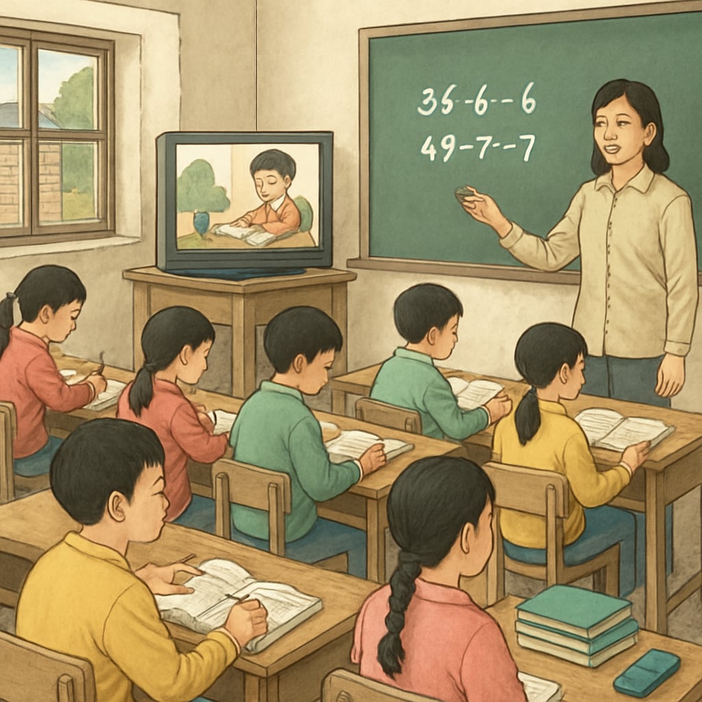 A rural classroom in China featuring students with basic educational materials and technology. Rural Chinese classroom with students and basic materials.