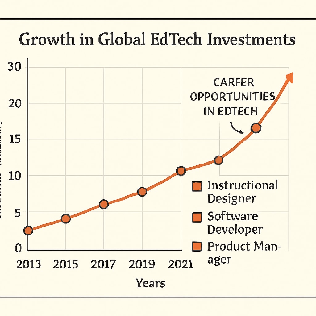 A graph illustrating the growth in global EdTech investments over the last decade, highlighting career opportunities in the sector. Graph showing global EdTech investment growth and opportunities in K12 education