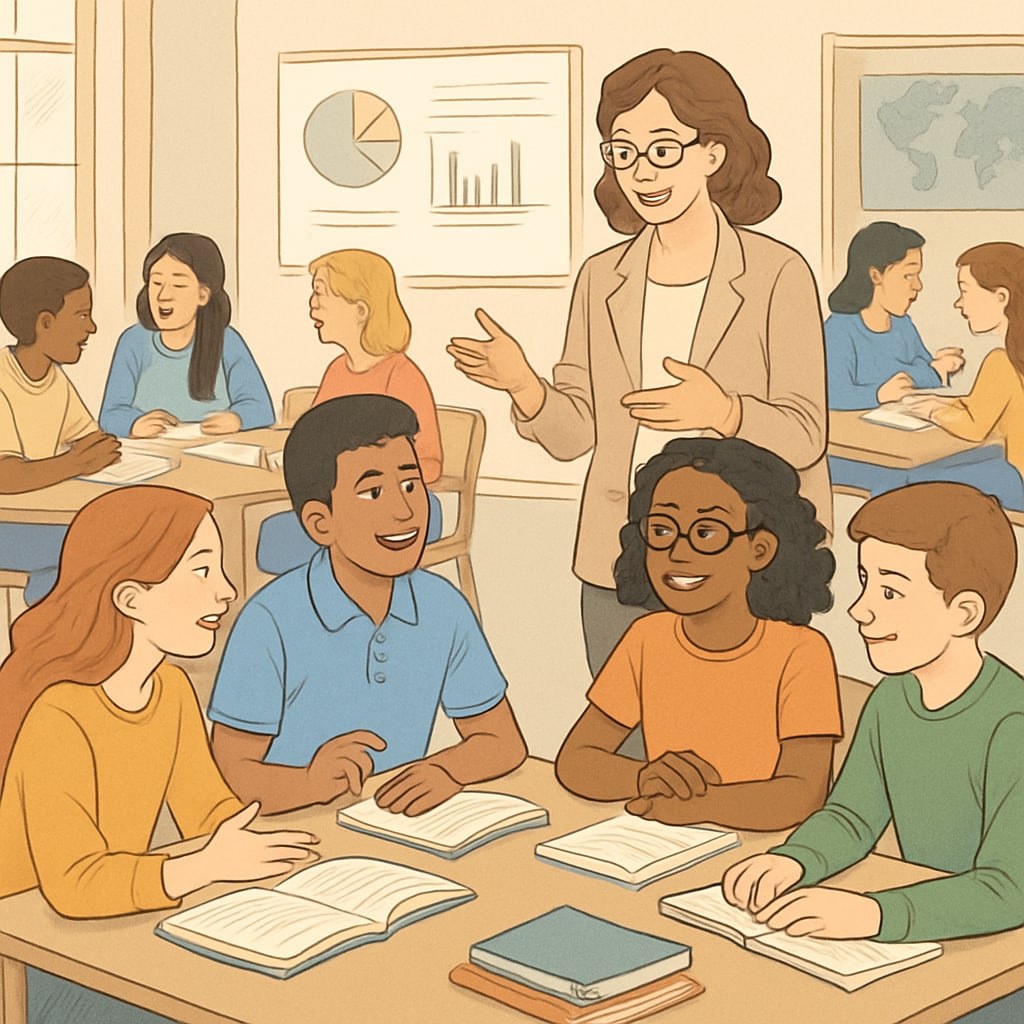 US classroom discussion representing education system values.