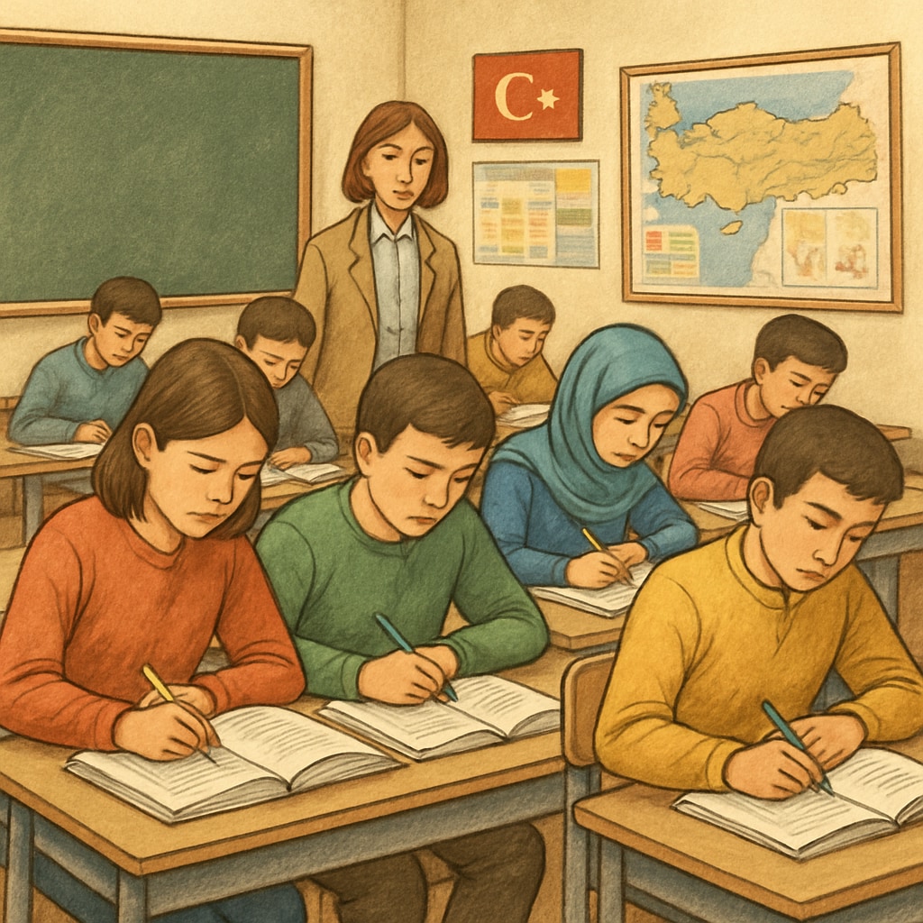 A classroom in Turkey with students preparing for a standardized exam, illustrating exam-focused education. Students in Turkey preparing for a centralized exam, showcasing exam pressure and education reform challenges.