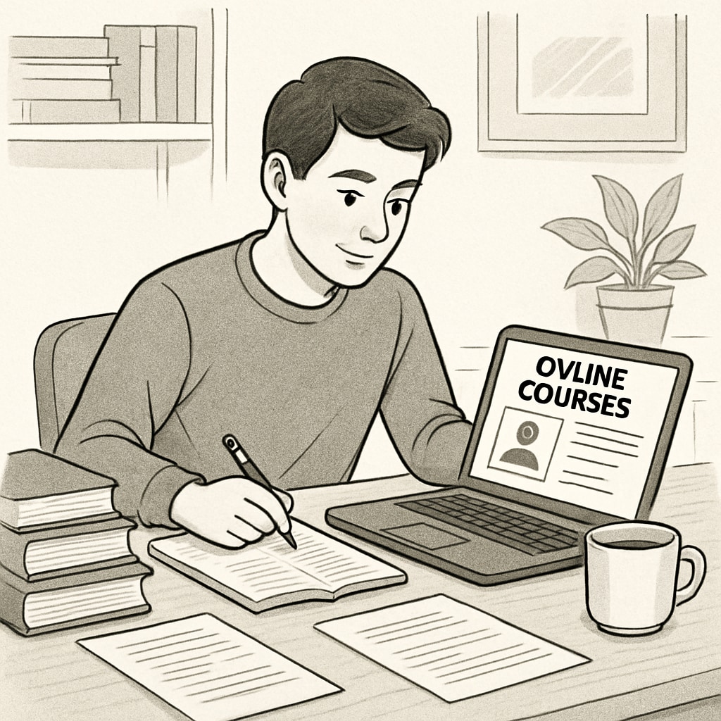 A student sitting at a desk with a laptop, studying online courses. Online education for mechanical engineering students.