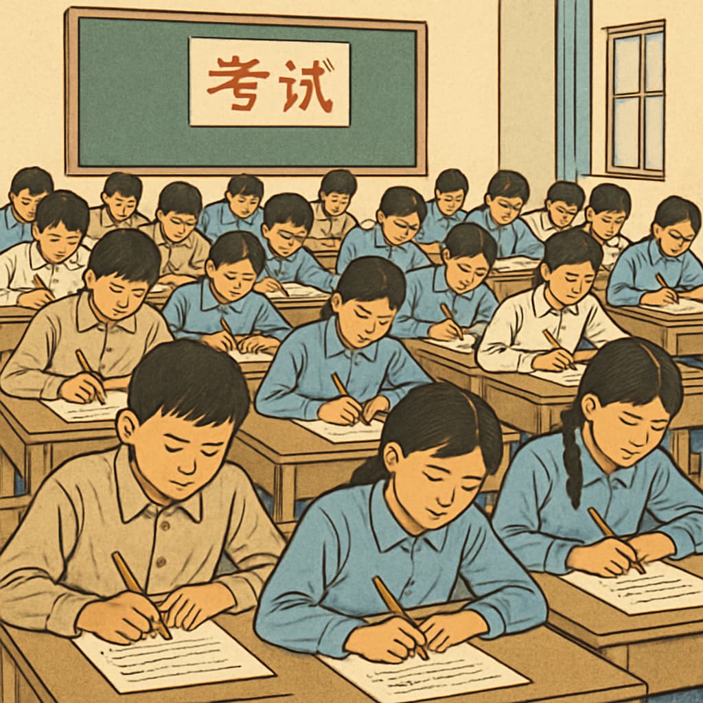 Chinese classroom with students taking standardized tests.