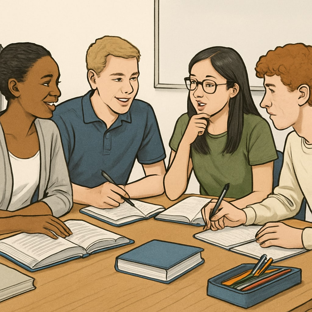 A group of UK students discussing coursework in a collaborative classroom setting, reflecting the flexibility of A Levels. UK students engaging in coursework discussions, representing the flexible nature of A Levels.