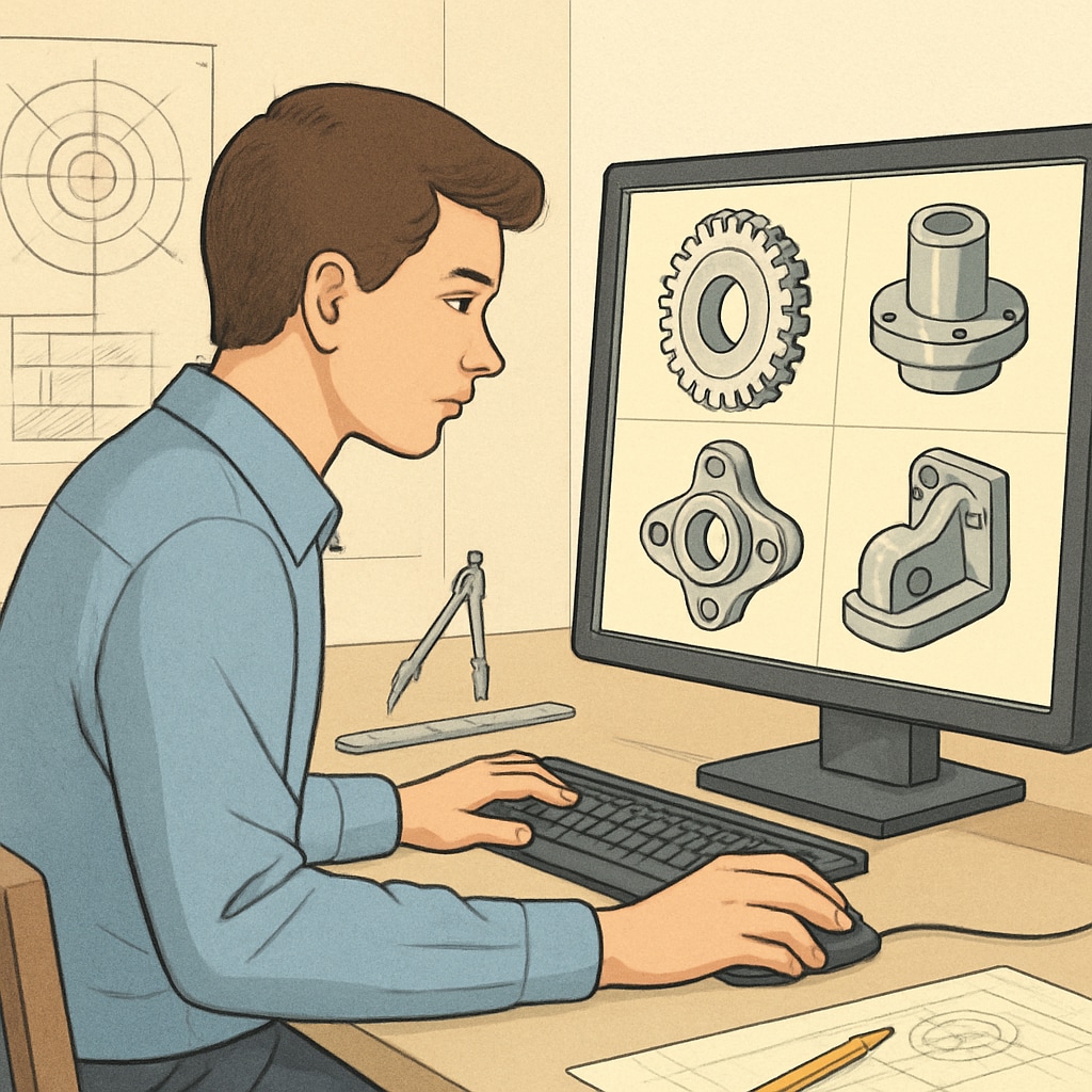 A mechanical engineering student analyzing 3D models on a computer screen. Mechanical engineering student exploring 3D designs.