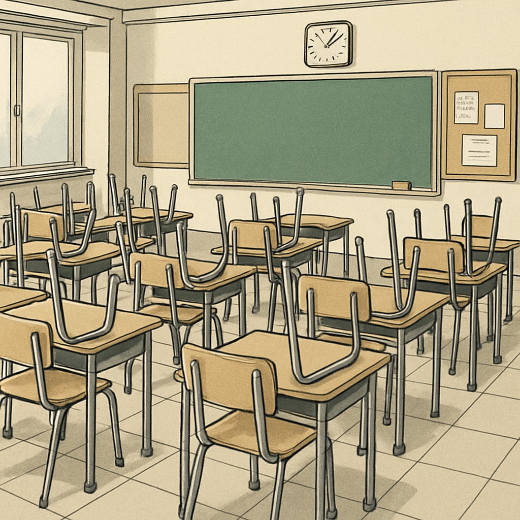 An empty classroom with chairs stacked on desks, symbolizing the absence of teachers. Empty classroom representing
