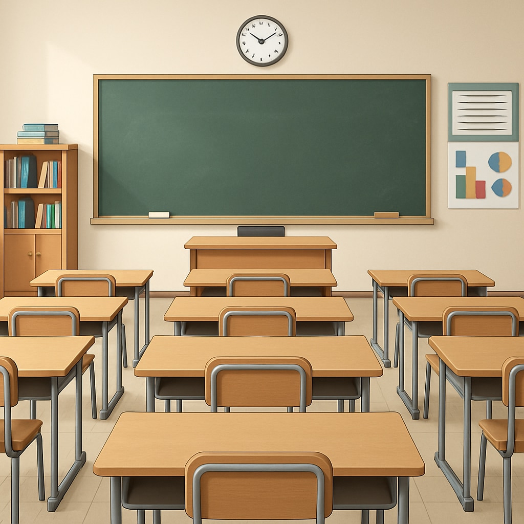 A classroom with empty desks symbolizing the absence of students waiting for school placement. Empty classroom desks representing delays in school placement for special needs students.