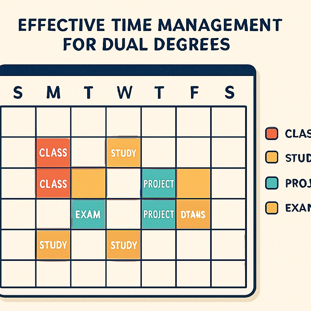 A color-coded calendar illustrating time management for dual-degree students.