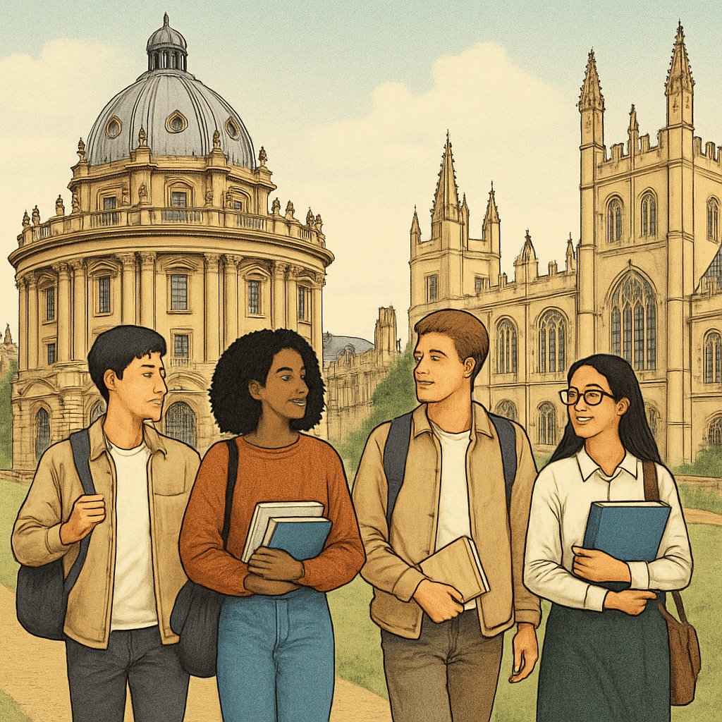 A diverse group of students walking on the historic grounds of Oxford University, symbolizing inclusivity and academic ambition. Students walking on Oxford University grounds highlighting tuition inequality challenges.