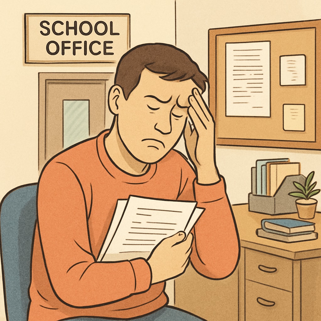 A frustrated parent holding documents in a school office, representing the struggle with bureaucracy. Parent struggling with paperwork delays during special needs school transfers.
