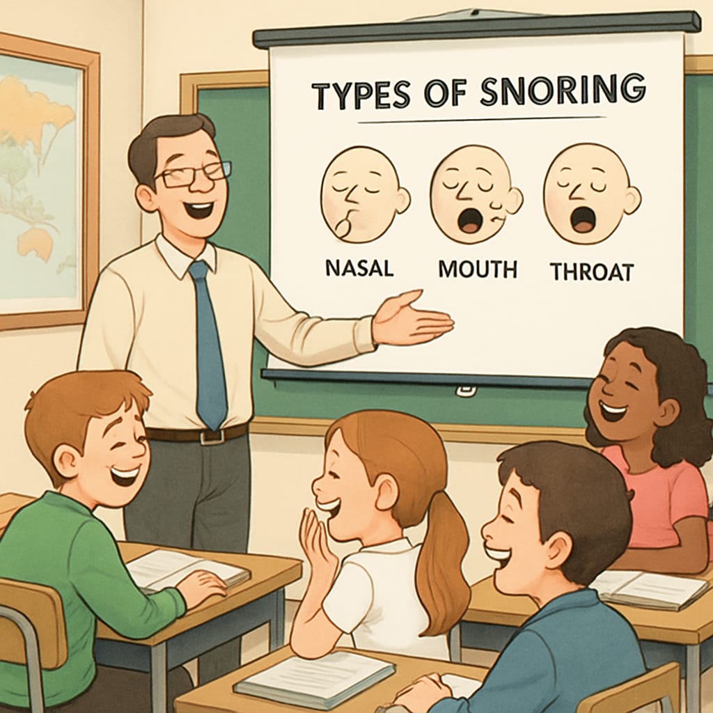 A classroom setting where students are laughing at a teacher’s humorous presentation on snoring types, showing engagement and interest in the learning material. Students laughing during a lesson about snoring types, illustrating humor's role in K12 education.