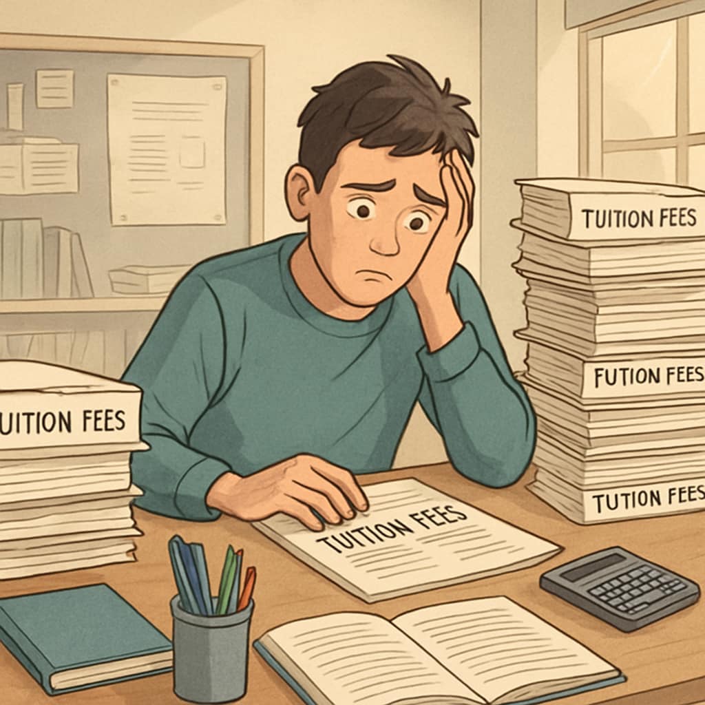 A young student sits at a desk, overwhelmed by paperwork related to tuition fees in the UK university system. Immigrant student struggling with UK university tuition fees paperwork