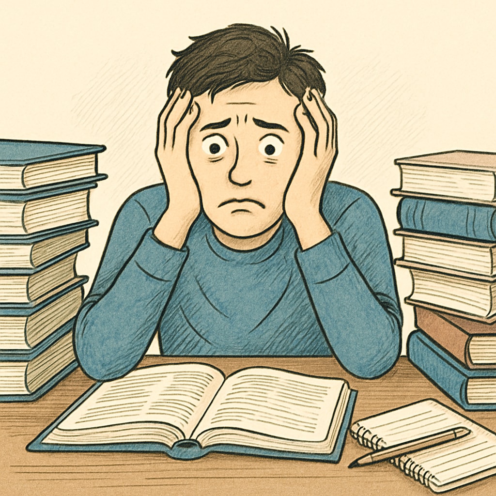 A stressed student sitting at a desk surrounded by books, symbolizing the impact of GCSE-related anxiety. A student experiencing academic anxiety related to GCSE results and future prospects.