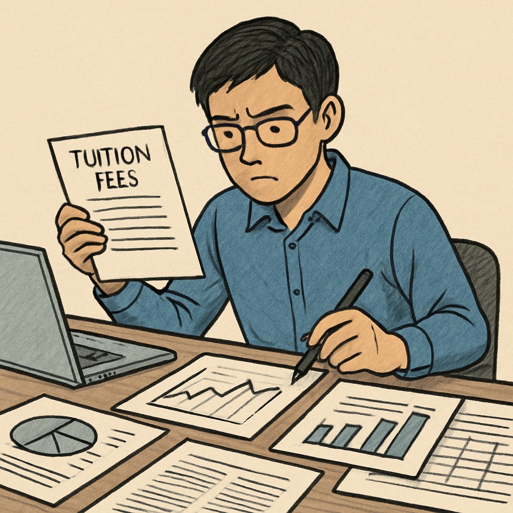 A student reviews financial documents while sitting in front of a laptop, symbolizing the financial struggles tied to international student tuition fees. Immigrant student reviewing financial documents for UK tuition fees