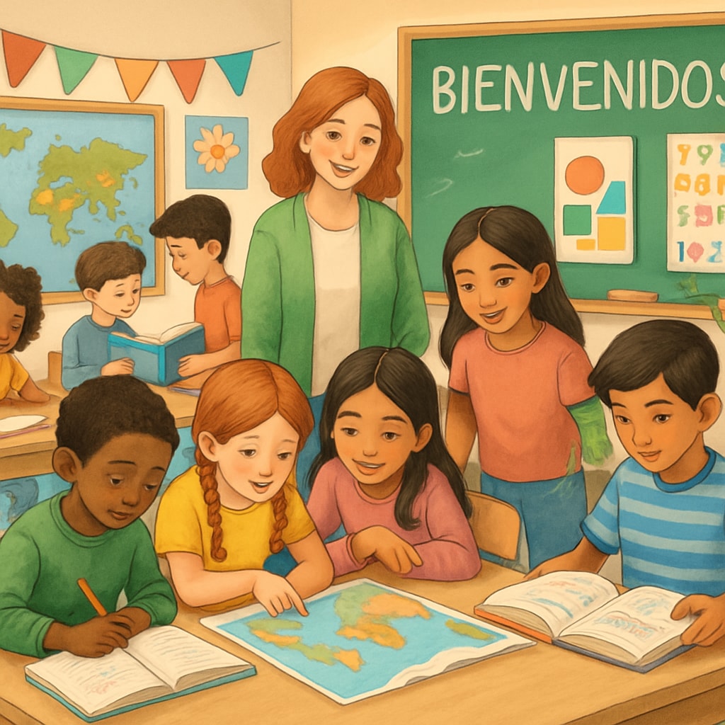 A Spanish classroom showing children learning in a diverse environment.