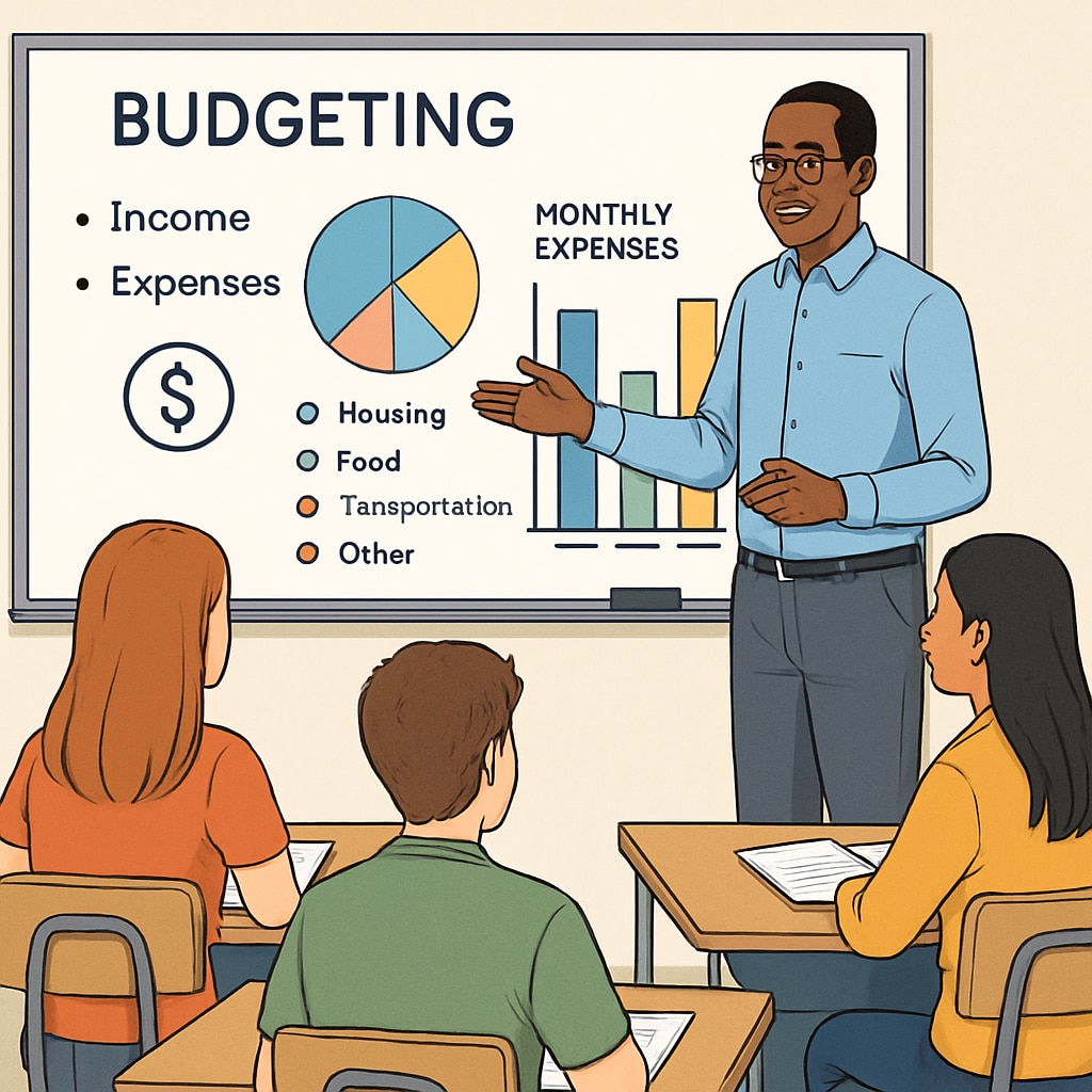 A teacher explaining the concept of budgeting to high school students using a whiteboard and visual aids. High school teacher demonstrating budgeting principles to students, highlighting financial literacy.