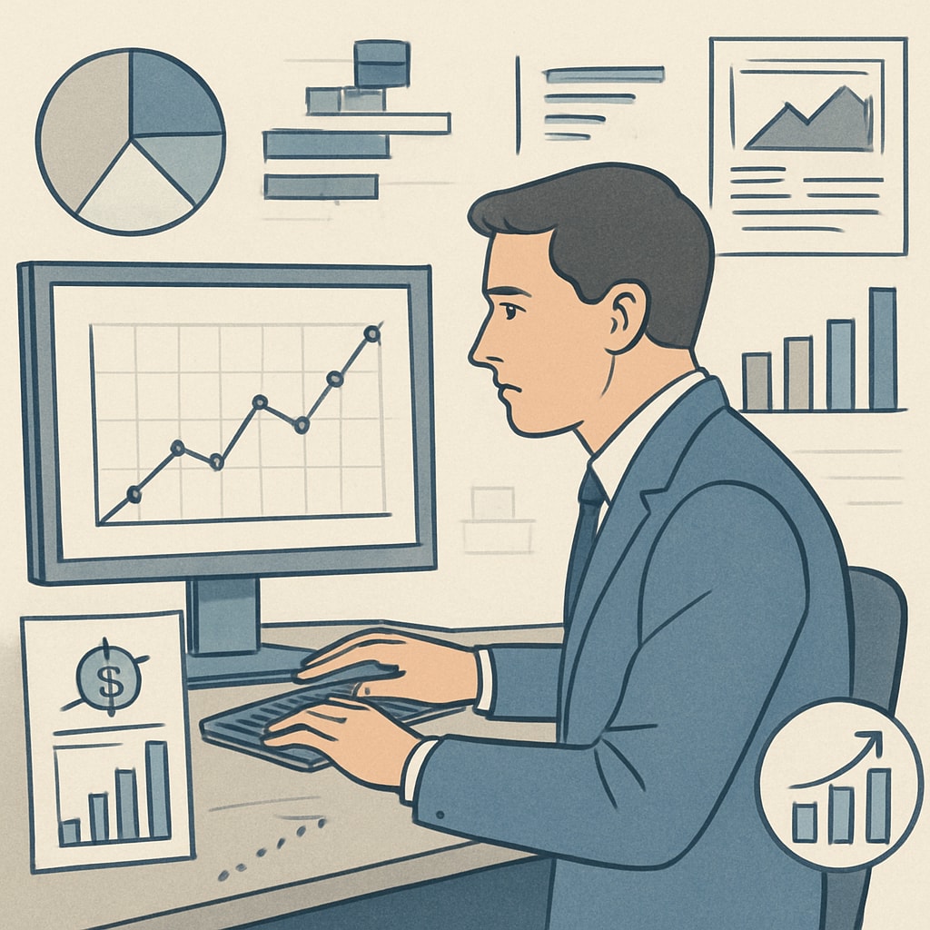 A professional analyzing financial data on a computer screen, showcasing business analytics concepts. Business analytics professional reviewing financial data on a computer screen.