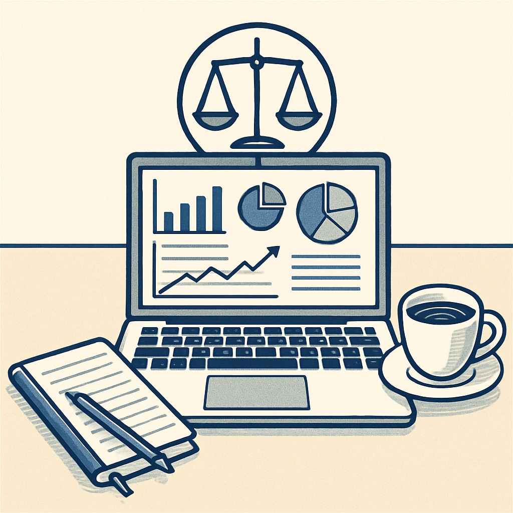 A balanced workspace setup including a laptop, notebook, and coffee cup, symbolizing work-life harmony in business analytics and finance. Workspace setup representing work-life balance for professionals in business analytics and finance.