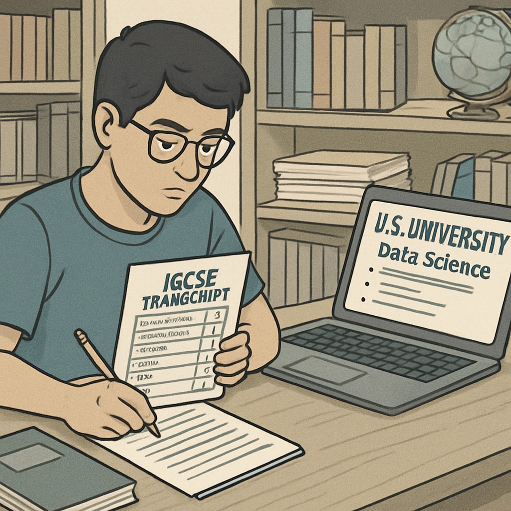 International student with IGCSE transcripts researching U.S. data science programs.