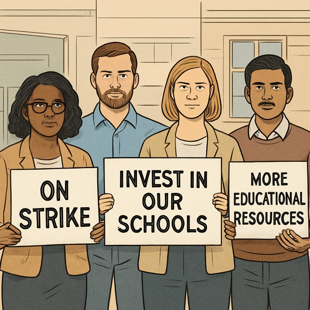 A group of K-12 teachers holding signs advocating for better wages and resources, emphasizing the importance of their absence. Teachers protesting for better wages and resources, related to Teacherless Tuesday.