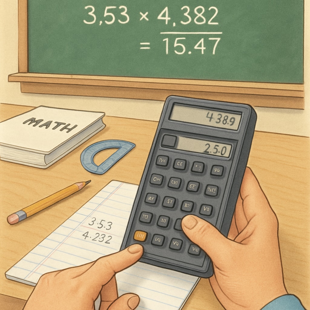 A student using an RPN calculator to solve a math problem, showcasing reverse Polish notation.