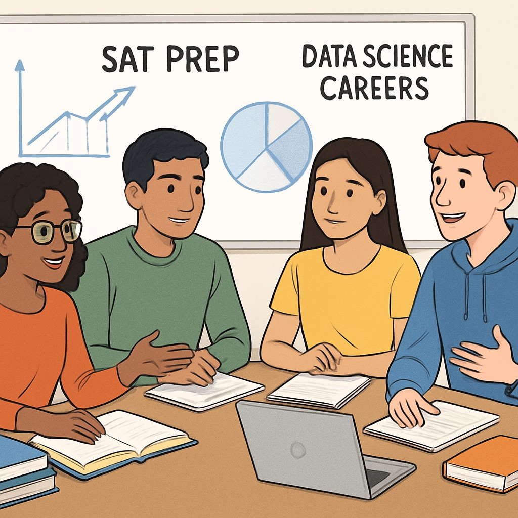 International students preparing for SAT and discussing data science careers.