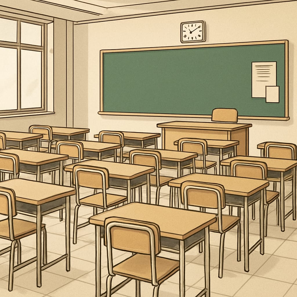 A group of empty school classrooms with desks neatly arranged, symbolizing teacher absence as a form of protest. Empty school classrooms representing
