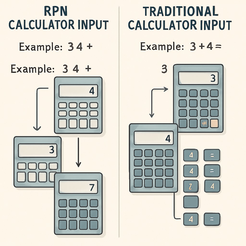 Comparison of RPN calculator input and standard calculator input methods.