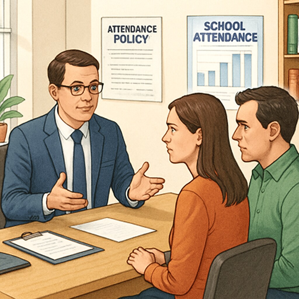 A school attendance officer discussing policies with concerned parents in an office setting. School attendance officer discussing attendance policies.