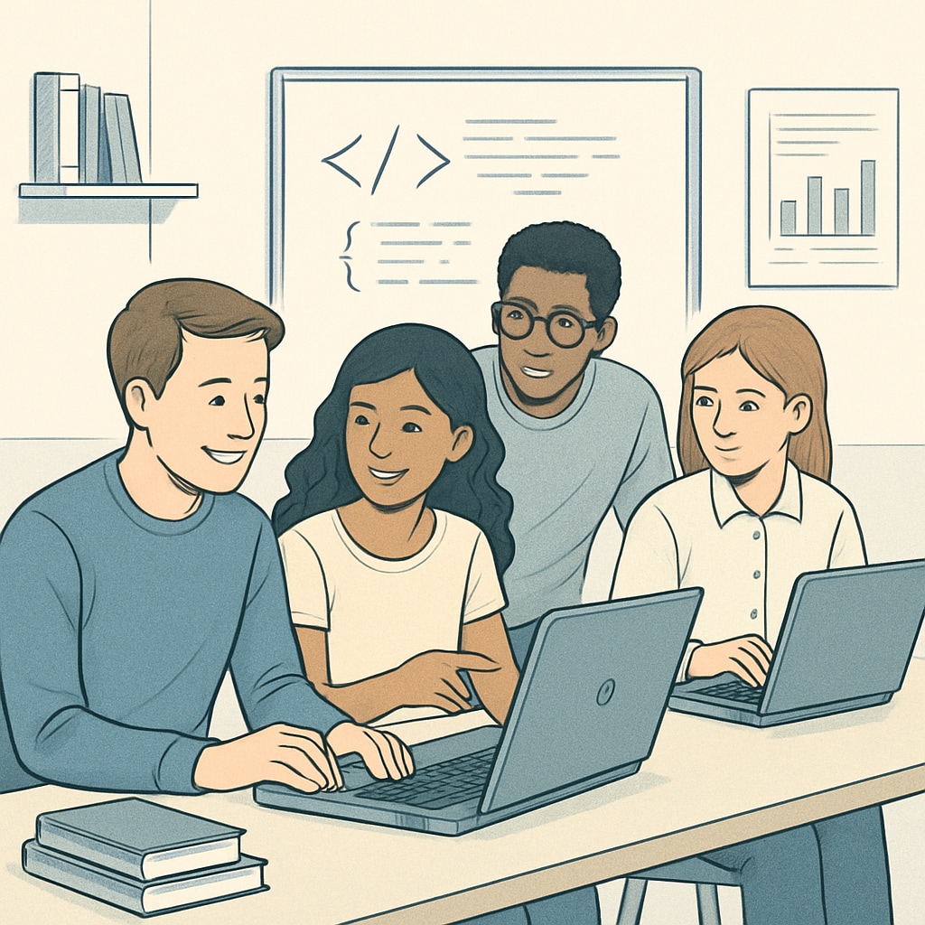A group of students collaborating on a programming project using laptops, highlighting teamwork and problem-solving in IT education. Students working on a programming project, emphasizing IT career opportunities for college students.