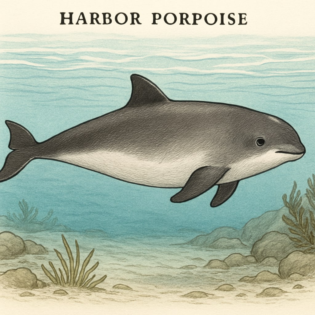 A harbor porpoise swimming in coastal waters, showcasing its compact body and rounded head. Harbor porpoise swimming in coastal waters, highlighting porpoises classification.