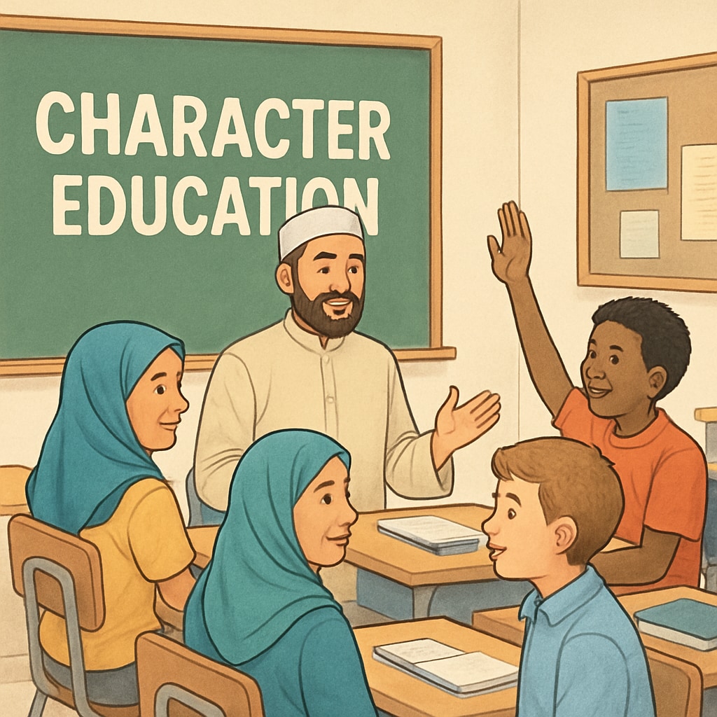 A classroom with a diverse group of students participating in a character training session led by a religious representative. Students in a character training session led by a religious representative.