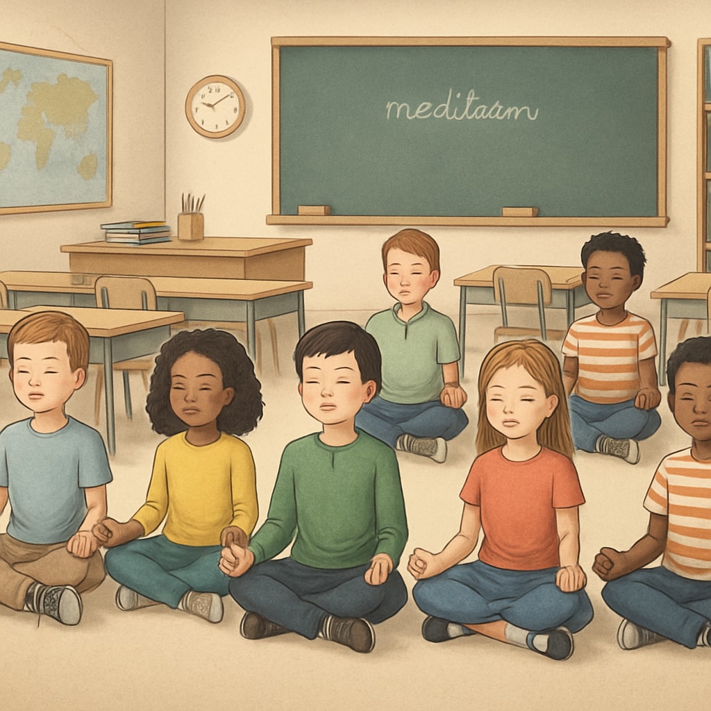 A serene classroom setting where students practice meditation, showcasing holistic education in action. Holistic K12 education approach inspired by Sadhguru’s teachings.