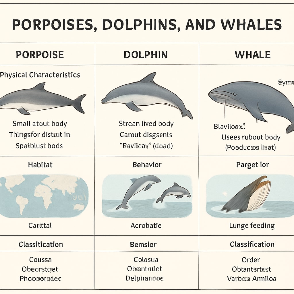 A detailed taxonomy chart comparing porpoises, dolphins, and whales, highlighting their differences. Taxonomy chart comparing porpoises, dolphins, and whales for marine life classification.