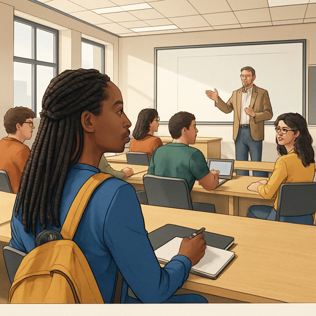 An international student attending a lecture in a Spanish university classroom. The classroom is modern, with diverse students and a professor engaging in discussion. International student in a Spanish university classroom attending a lecture.