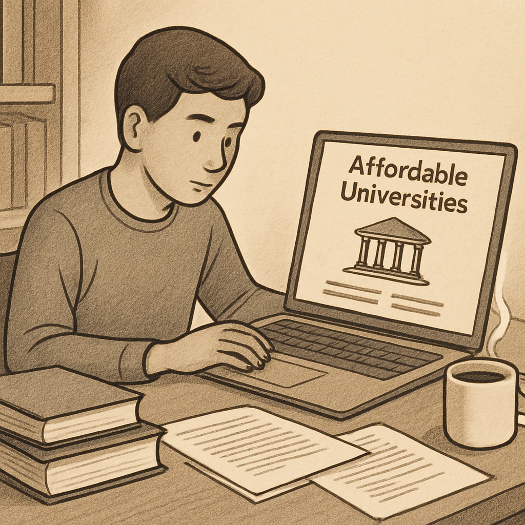 A student researching affordable universities on a laptop, symbolizing the search for AS Level options. Student searching for affordable AS Level universities on a laptop.