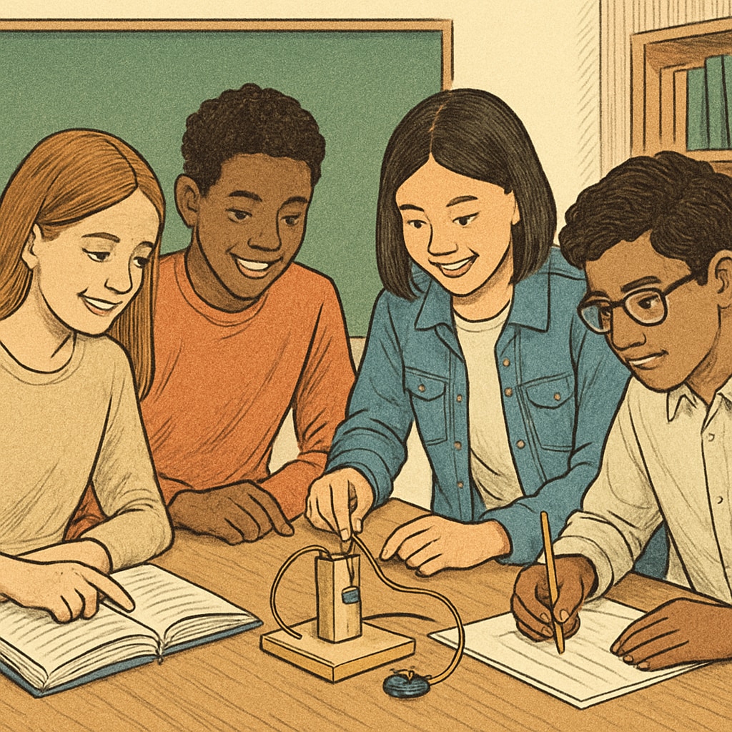 A diverse group of students engaged in a project-based learning activity, symbolizing experiential education. Experiential learning in K12 classrooms inspired by Sadhguru.