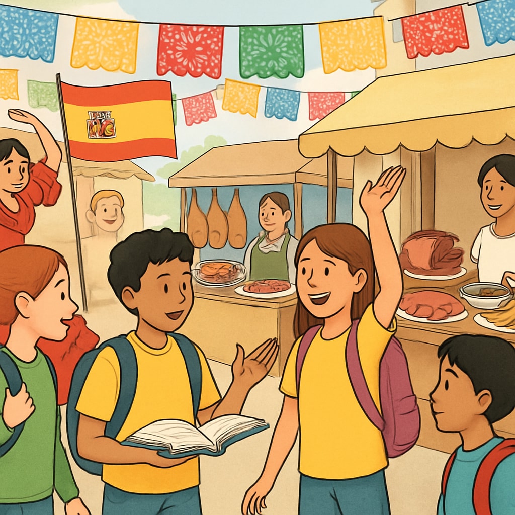 International students participating in a Spanish cultural festival, showcasing traditional food and local traditions.